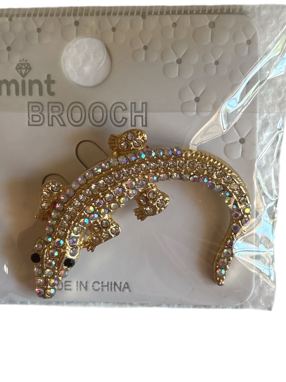 Gold Crystal Alligator Brooch - Gold Pin  Rhinestone Accent